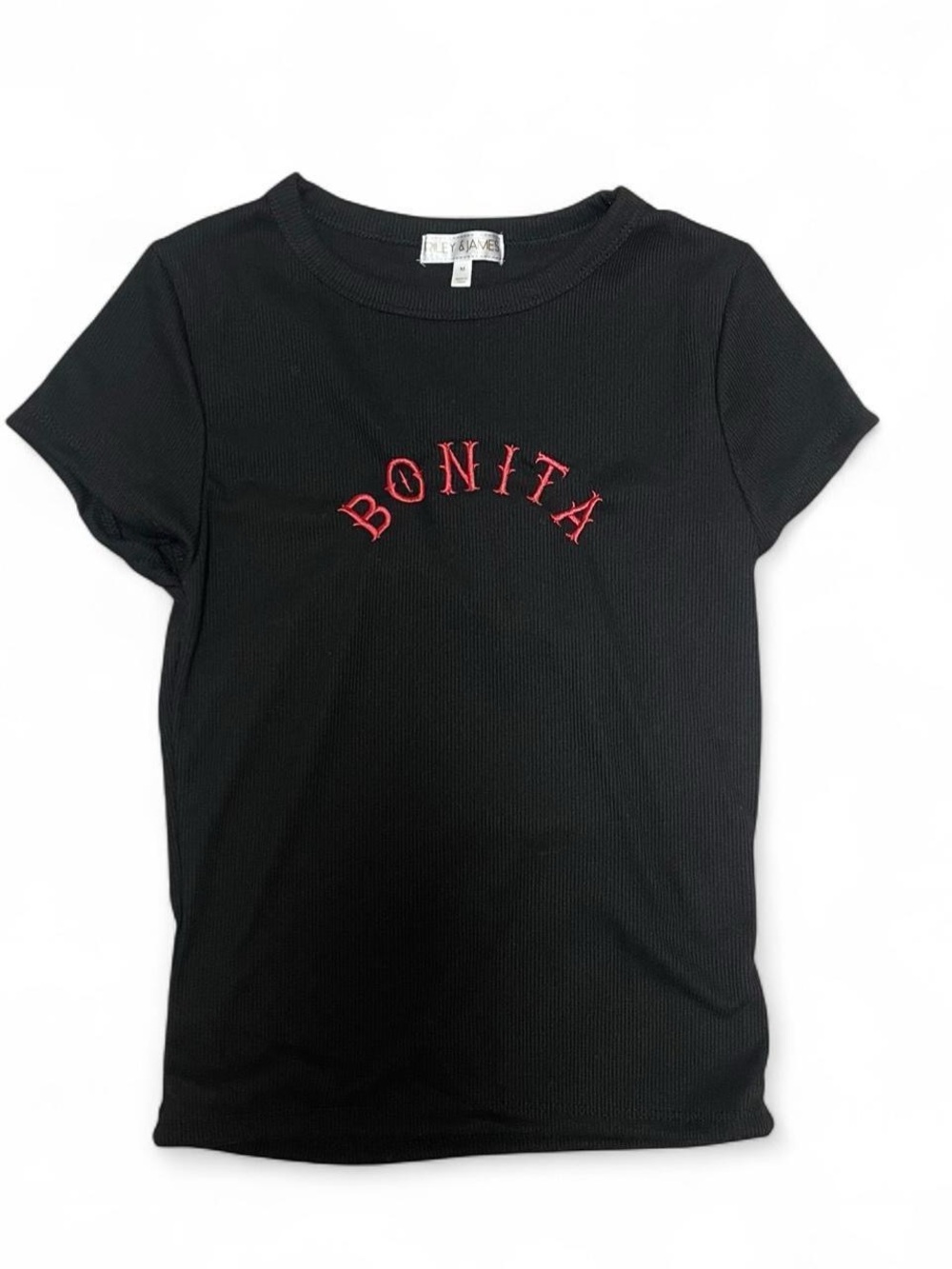 Bonita Black Tee by Riley & James 'BONITA' Red Embroidery Black Ribbed Size M